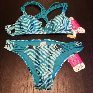 NWT Hula Honey Strappy Bikini | Blue, Black & White | Size S